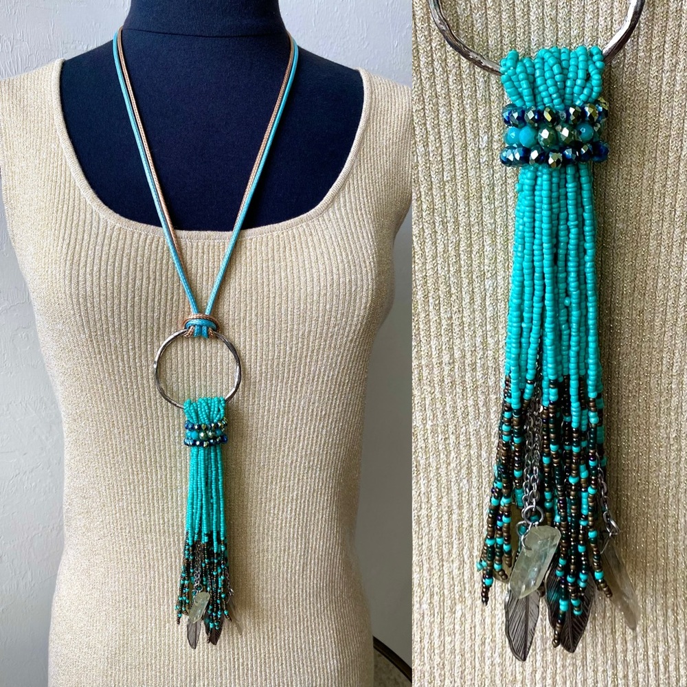 LAST CHANCE SALE! Mixed Media Turquoise Beaded Tassel Feather Statement Necklace